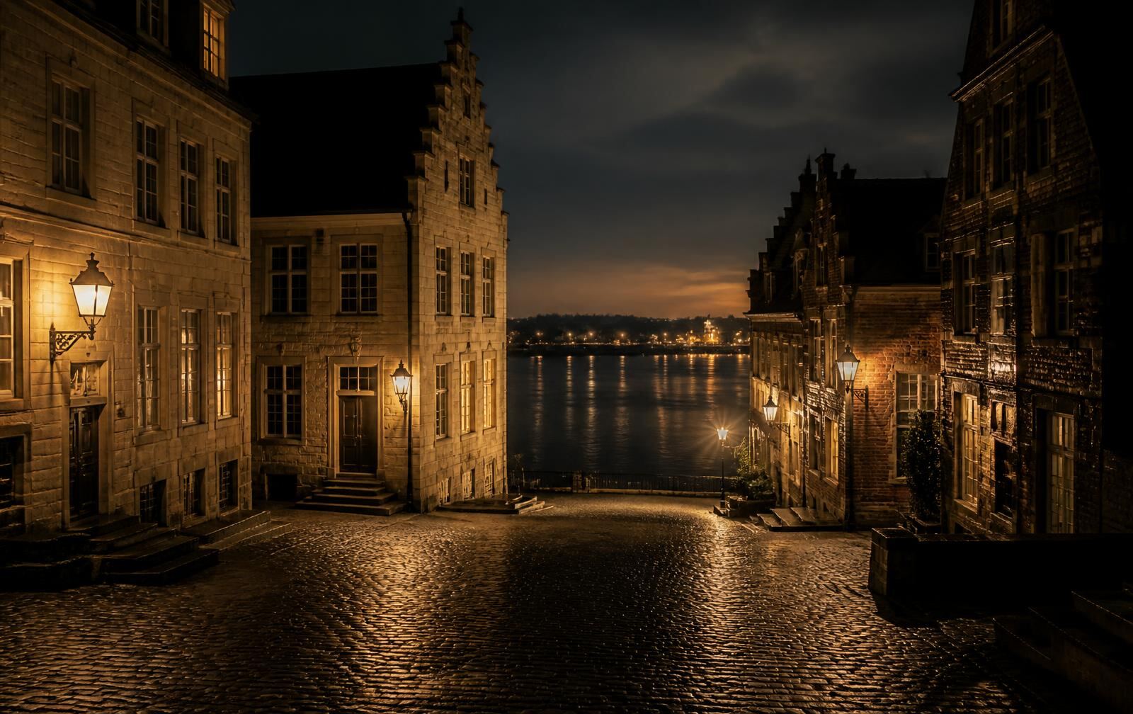 Cobbled Maastricht square at night with pale limestone façades, warm lamplight and the river beyond