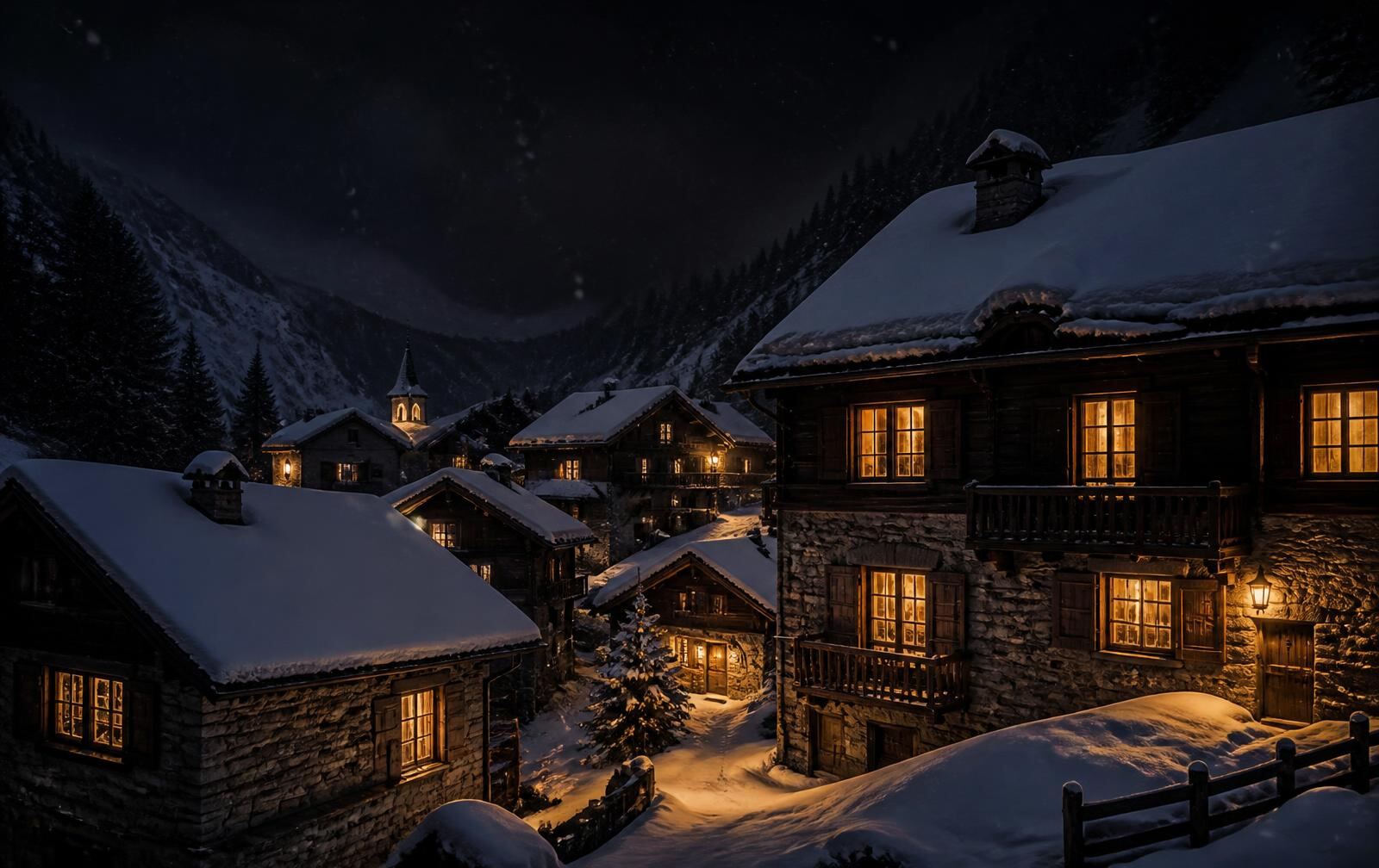 Snow-covered timber and stone chalets in a small alpine village at night with warm lit windows