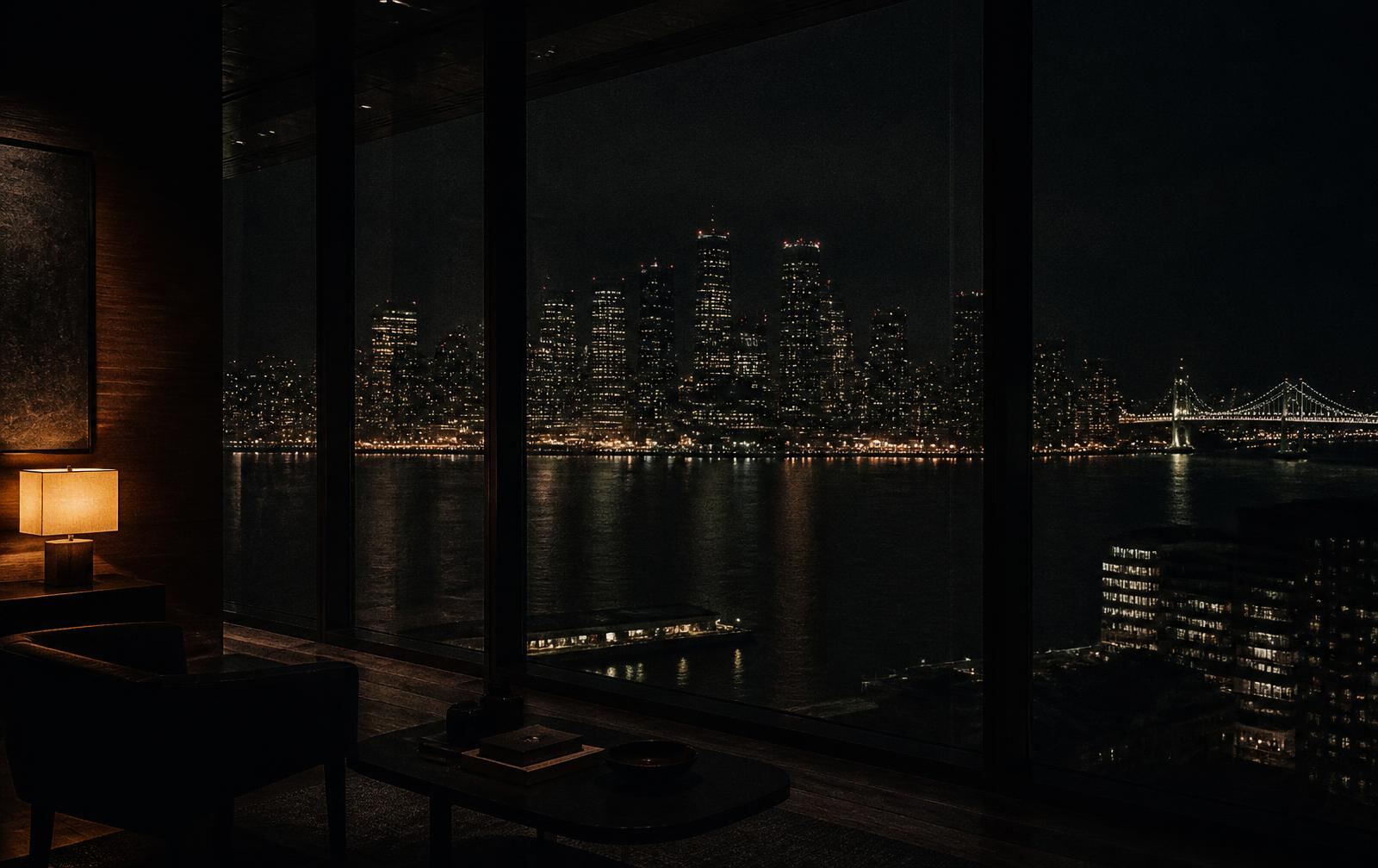 A darkened high-rise room with a warm lamp and dark wood, looking through glass at a bay skyline reflected on black water at night