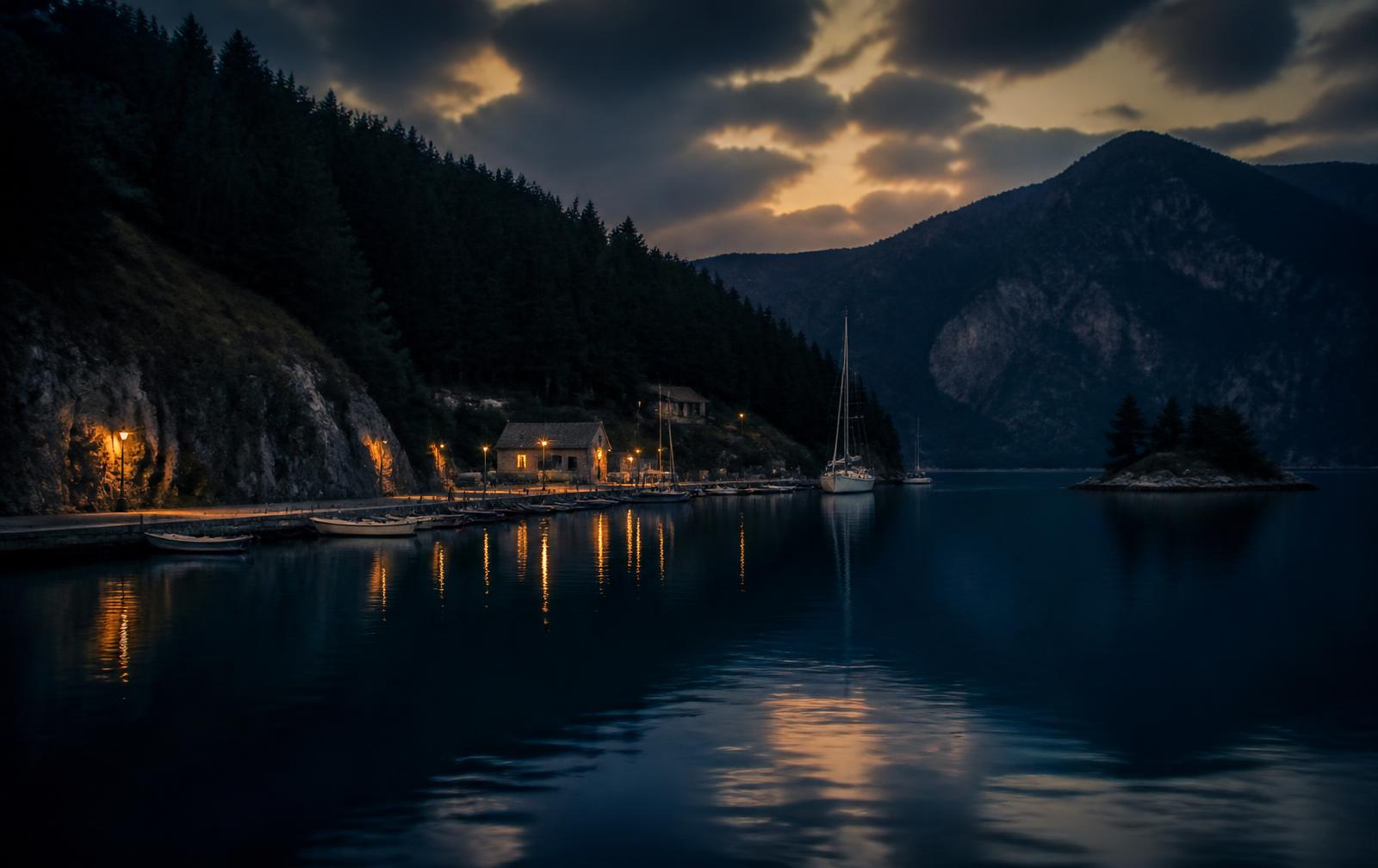 A deep blue harbour at dusk surrounded by dark pine hills with a few warm lights along the quay