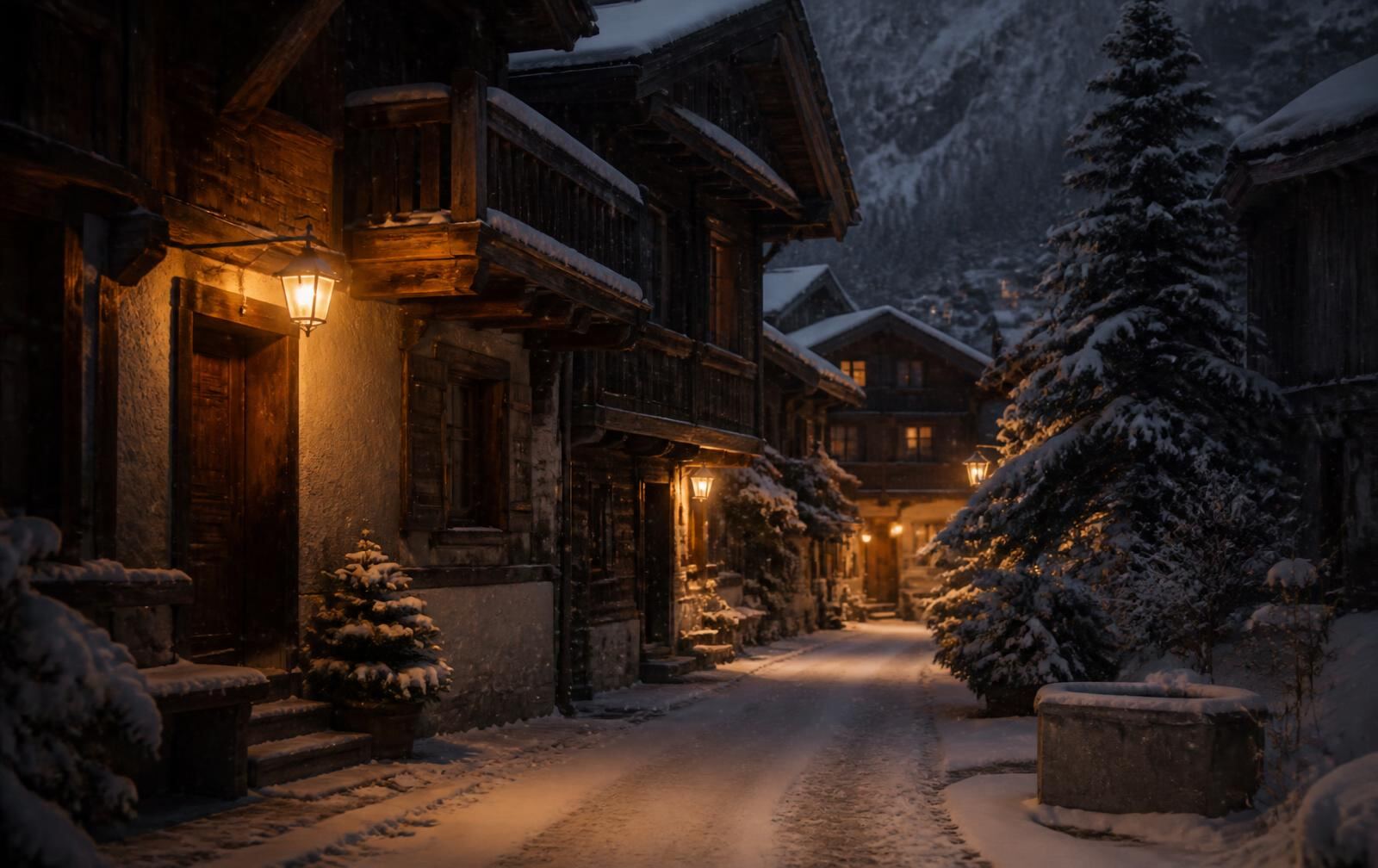 A snowy alpine village lane in Megève at dusk with timber chalets and warm lantern light
