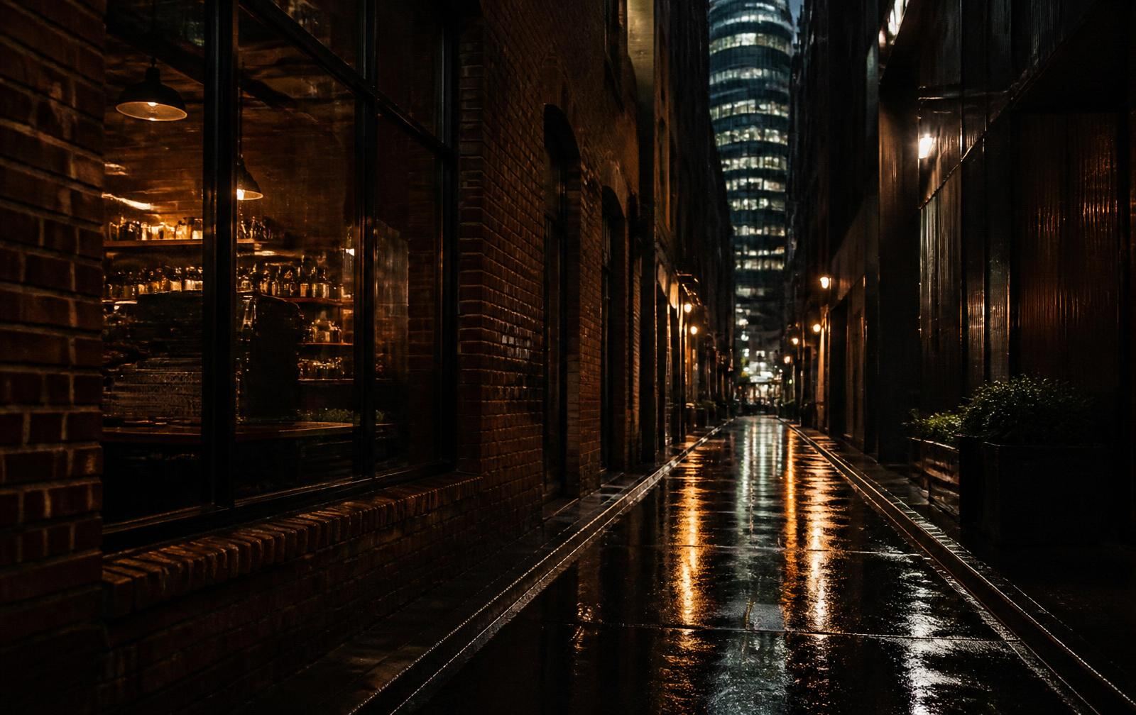 A rain-soaked Melbourne laneway at night with dark brick, wet bluestone and warm gold light from a bar window
