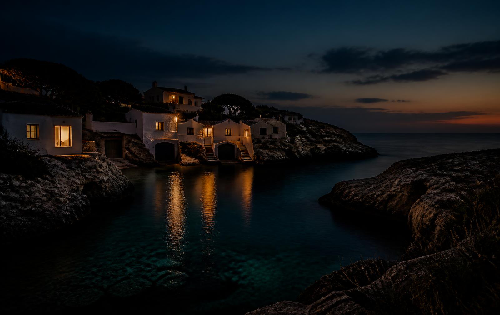 A secluded Menorca cove at twilight with whitewashed houses and warm gold windows above still water