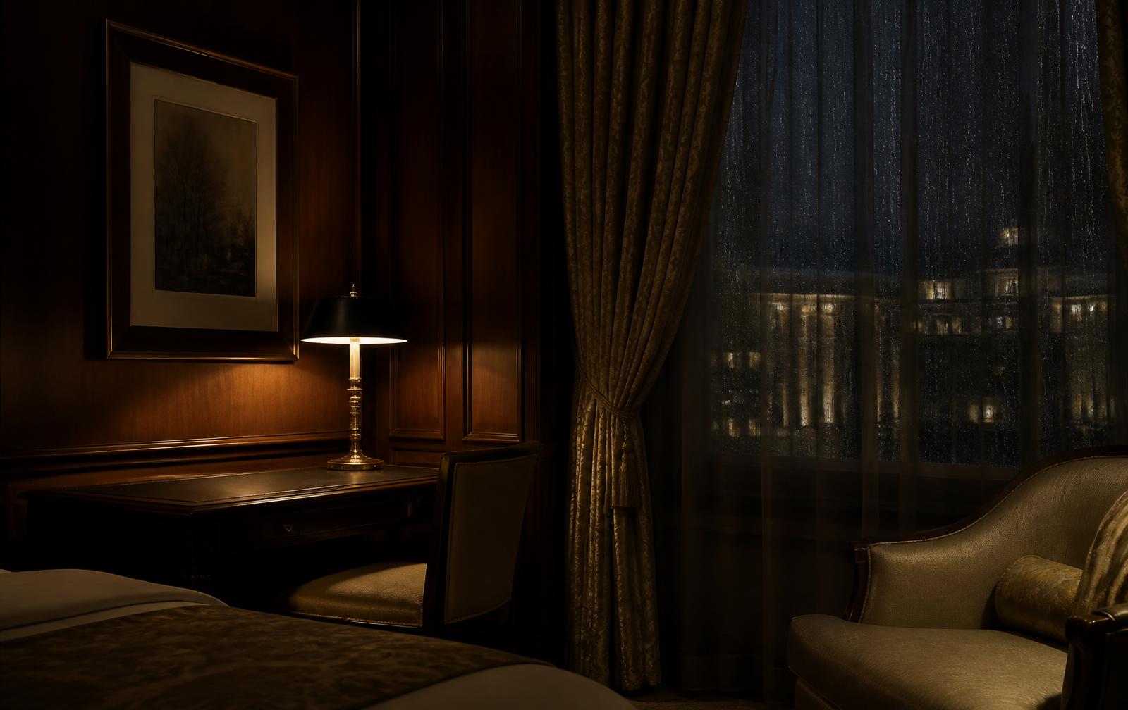 A dark panelled hotel room at night with a single lit lamp, heavy curtains and a rain-streaked window over distant lights