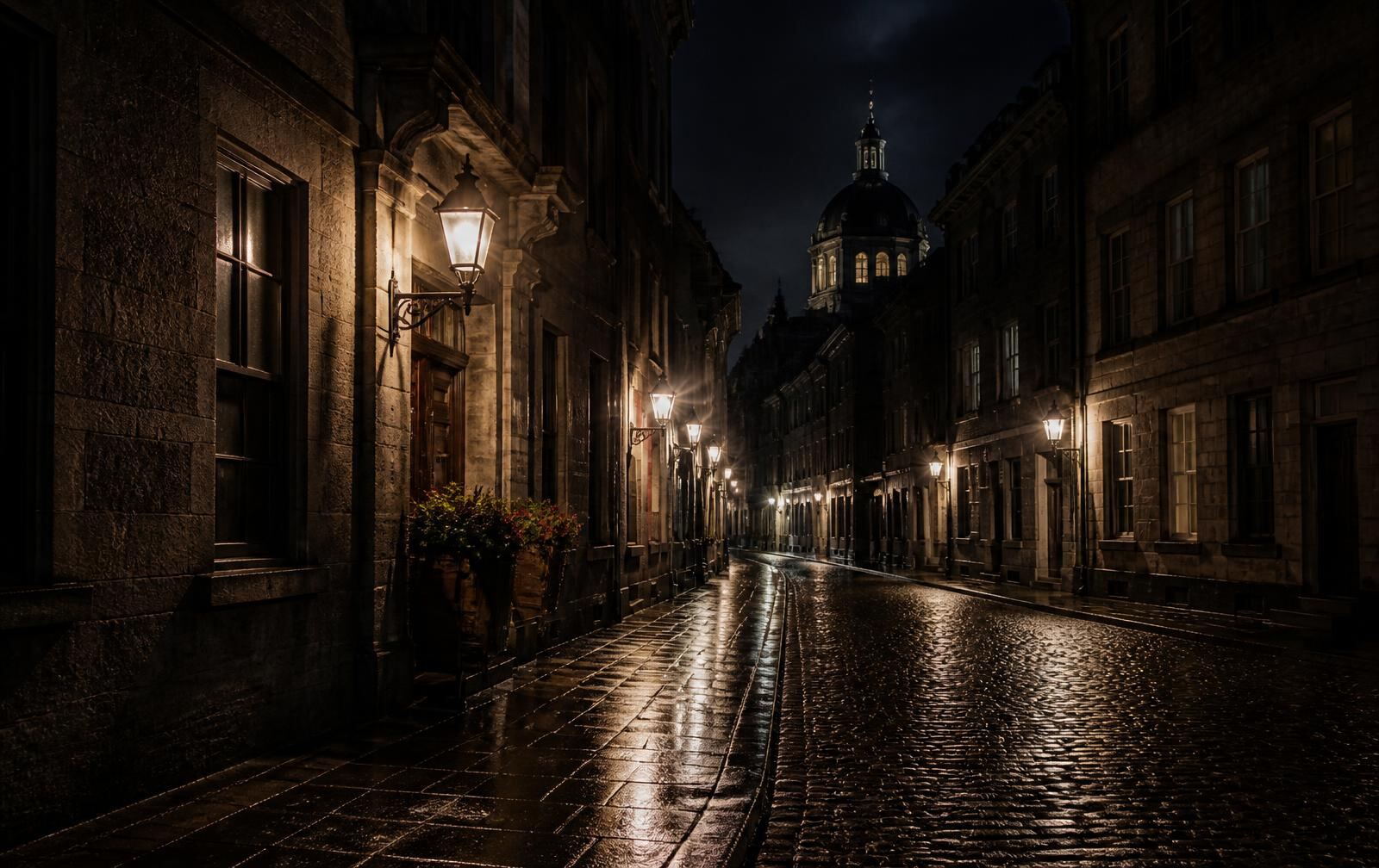 Rain-slick cobbled street in Old Montréal at night with grey stone facades and warm iron lamplight