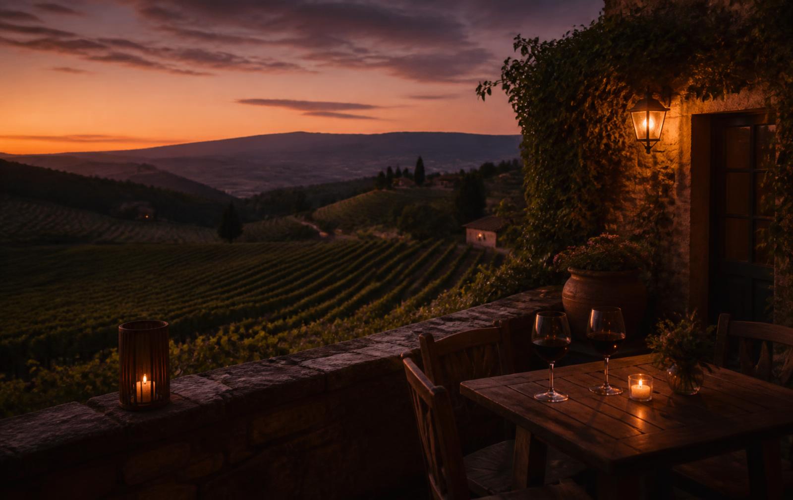Golden Napa Valley vineyard rows at dusk with a private terrace lit in warm light