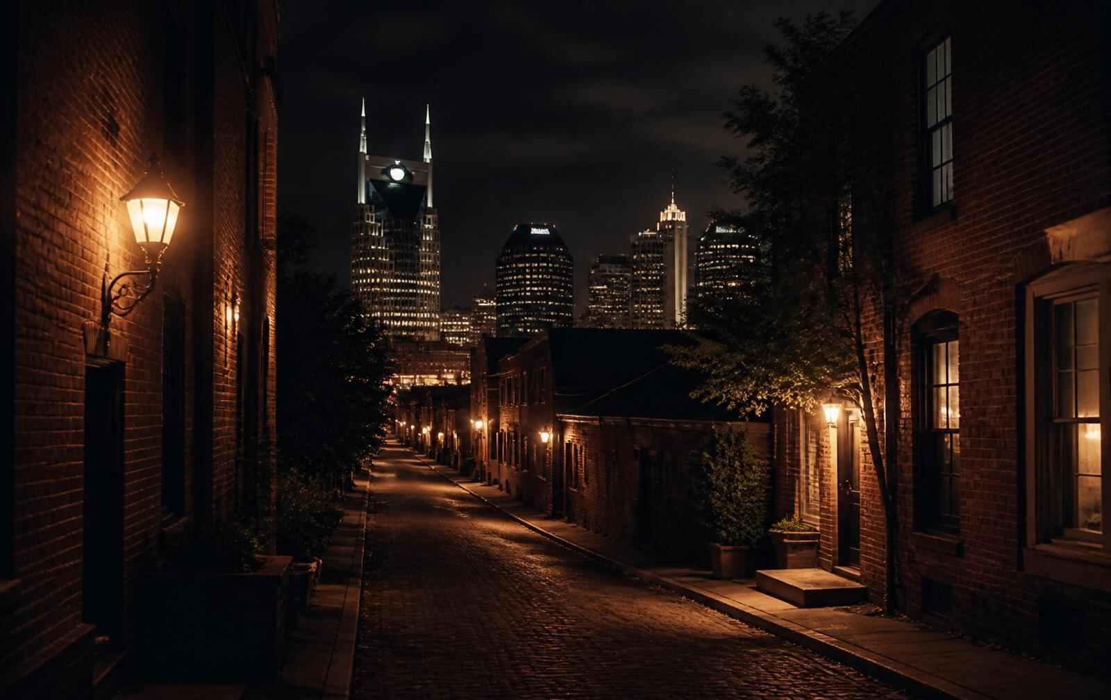 Dim hotel room in Nashville with a low lamp on and the city's neon faint through the curtain