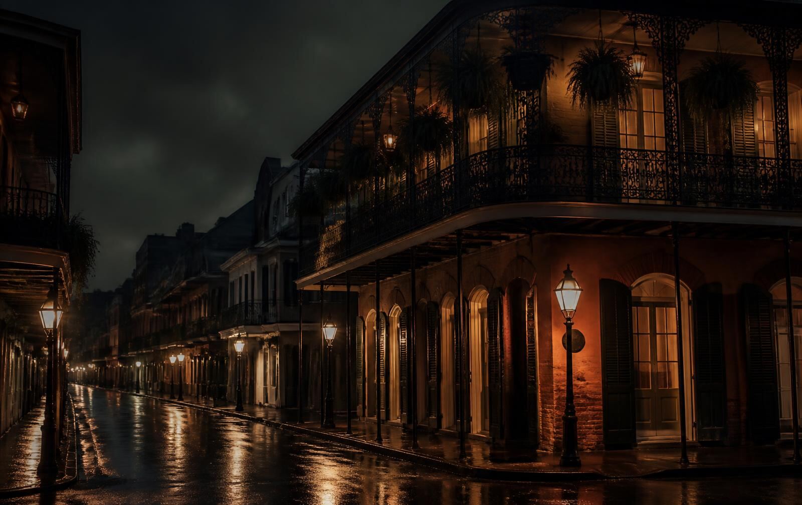 Dim, warmly lit New Orleans courtyard room with shutters half open to the evening street