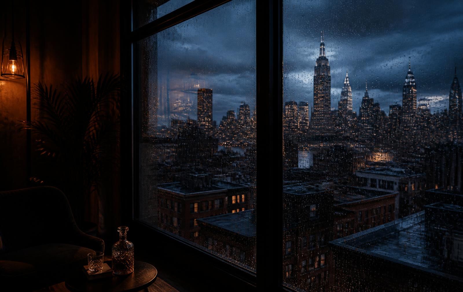 Manhattan skyline at blue hour seen through a rain-flecked window from a warm, dimly lit room