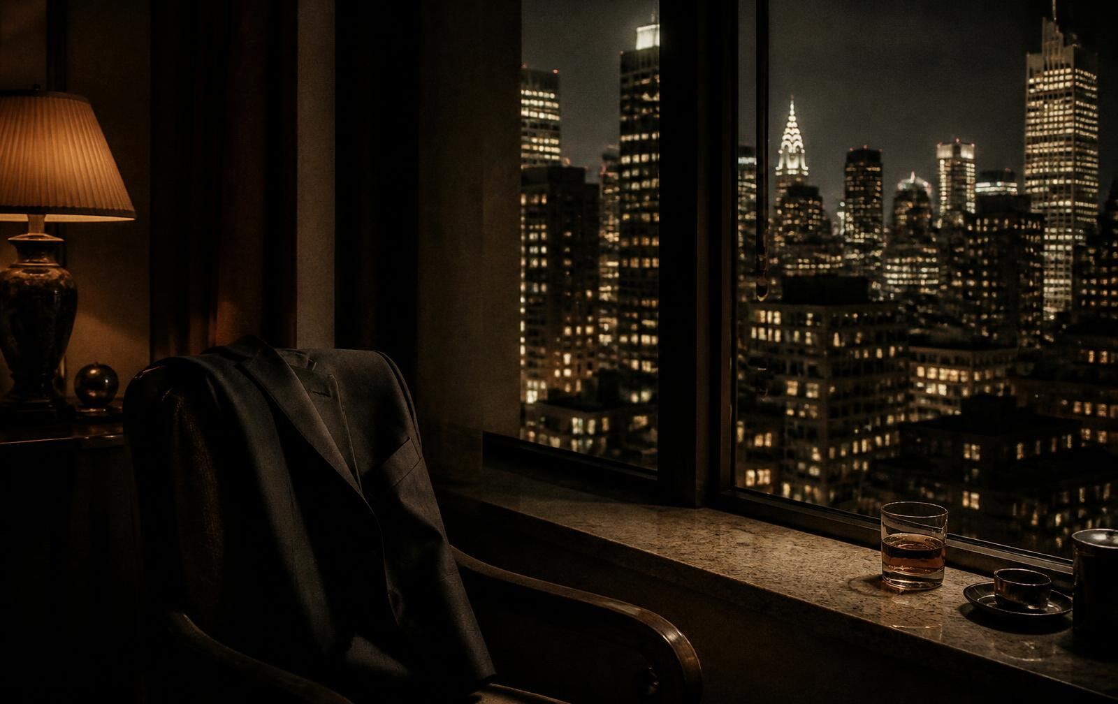 Dark Manhattan hotel room at night with a jacket over a chair and lit skyscrapers beyond the window