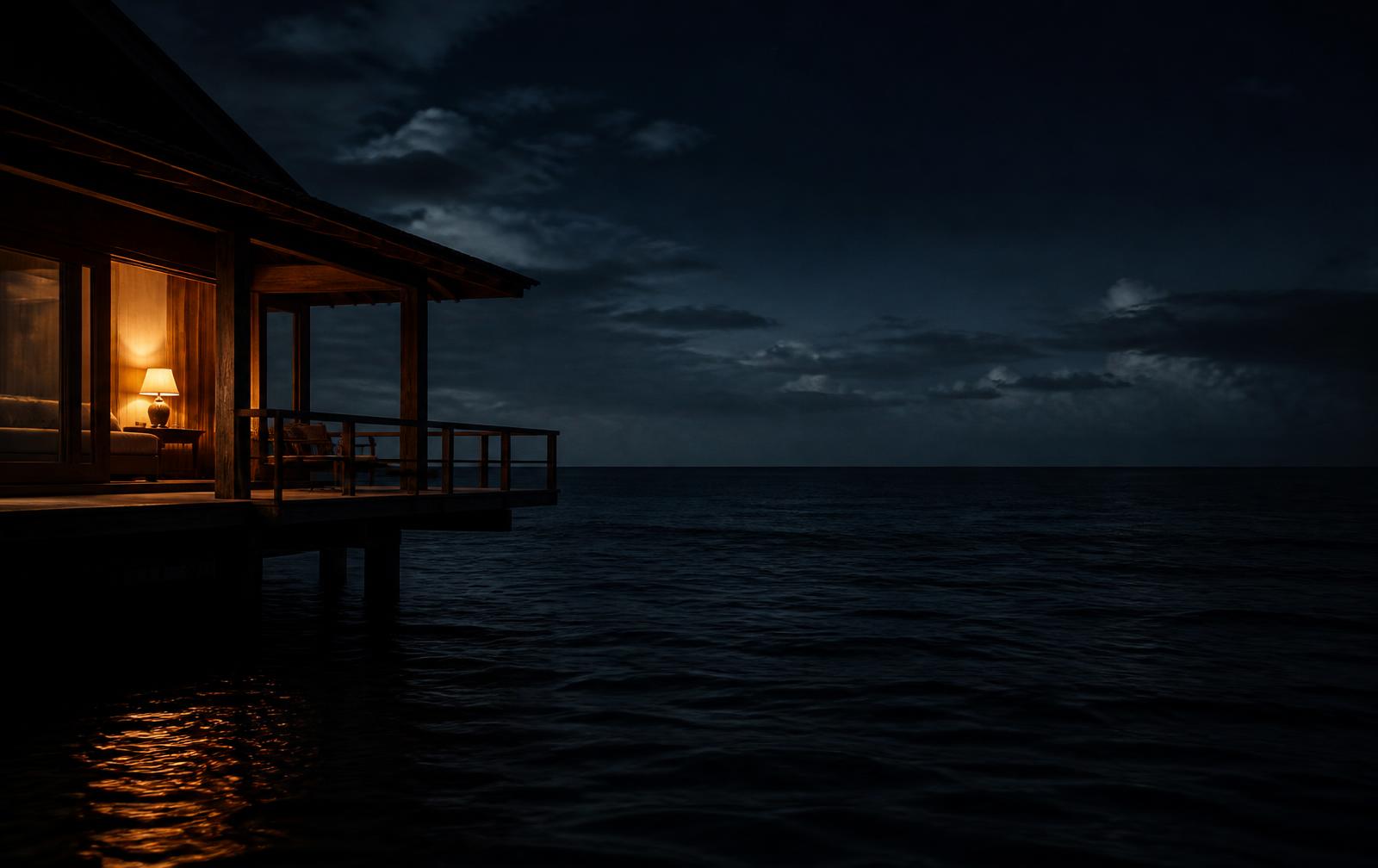 A single warm-lit villa terrace on the left edge of a vast dark ocean at night