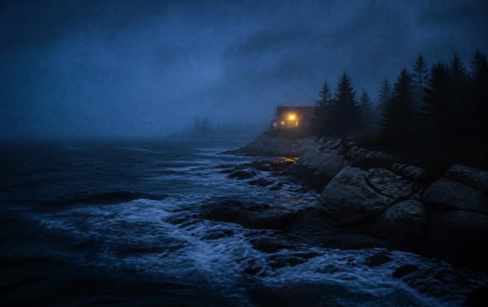 Dark Atlantic water against a rocky Nova Scotia coast in fog with a distant lit window on shore