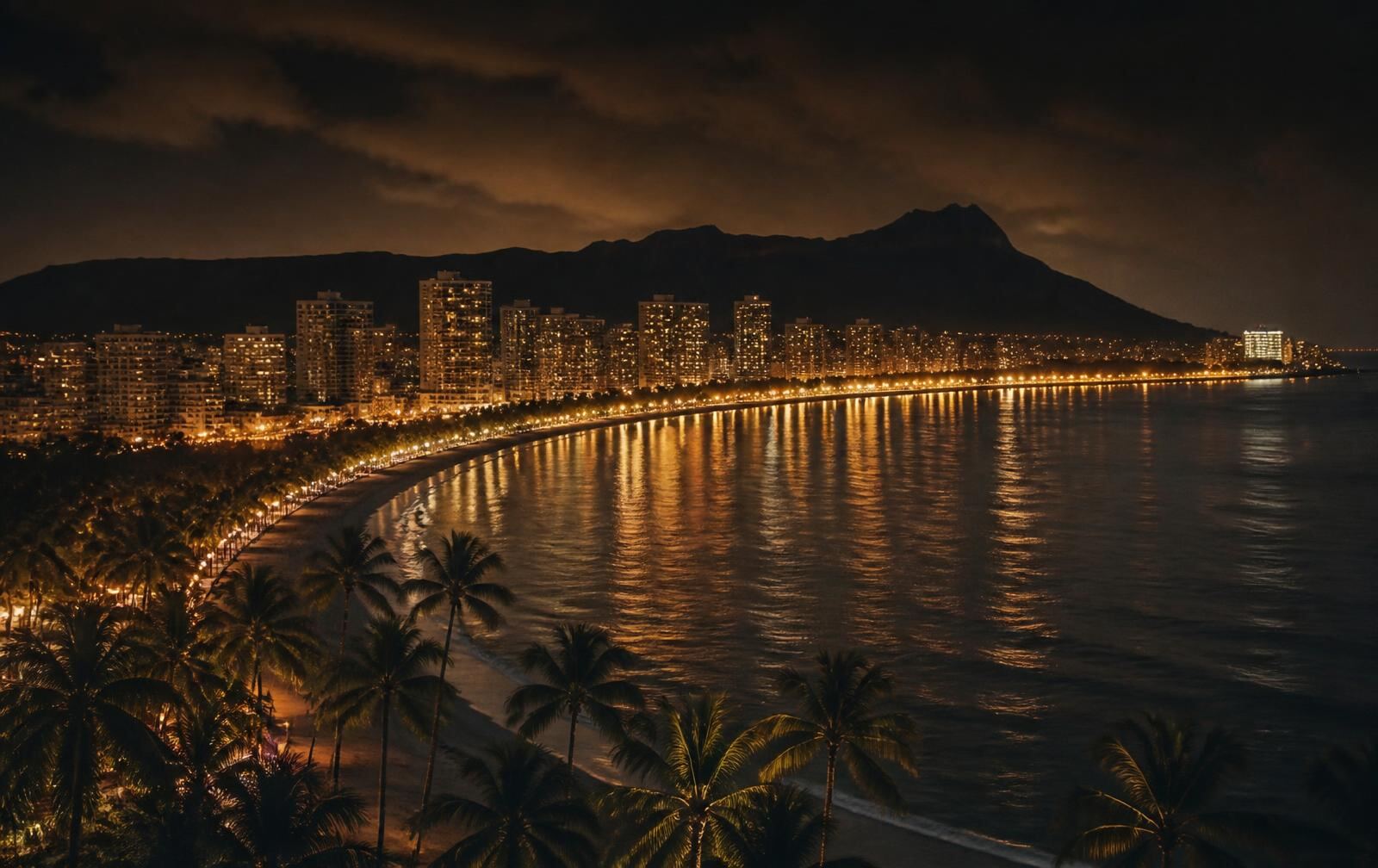 Honolulu skyline lit at night beside a dark, calm stretch of ocean