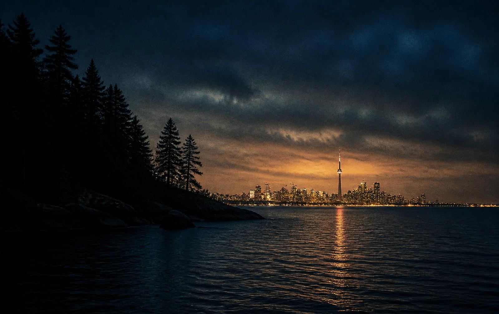 Dark Ontario lake at dusk with pine shoreline and a single warm cottage light across the water