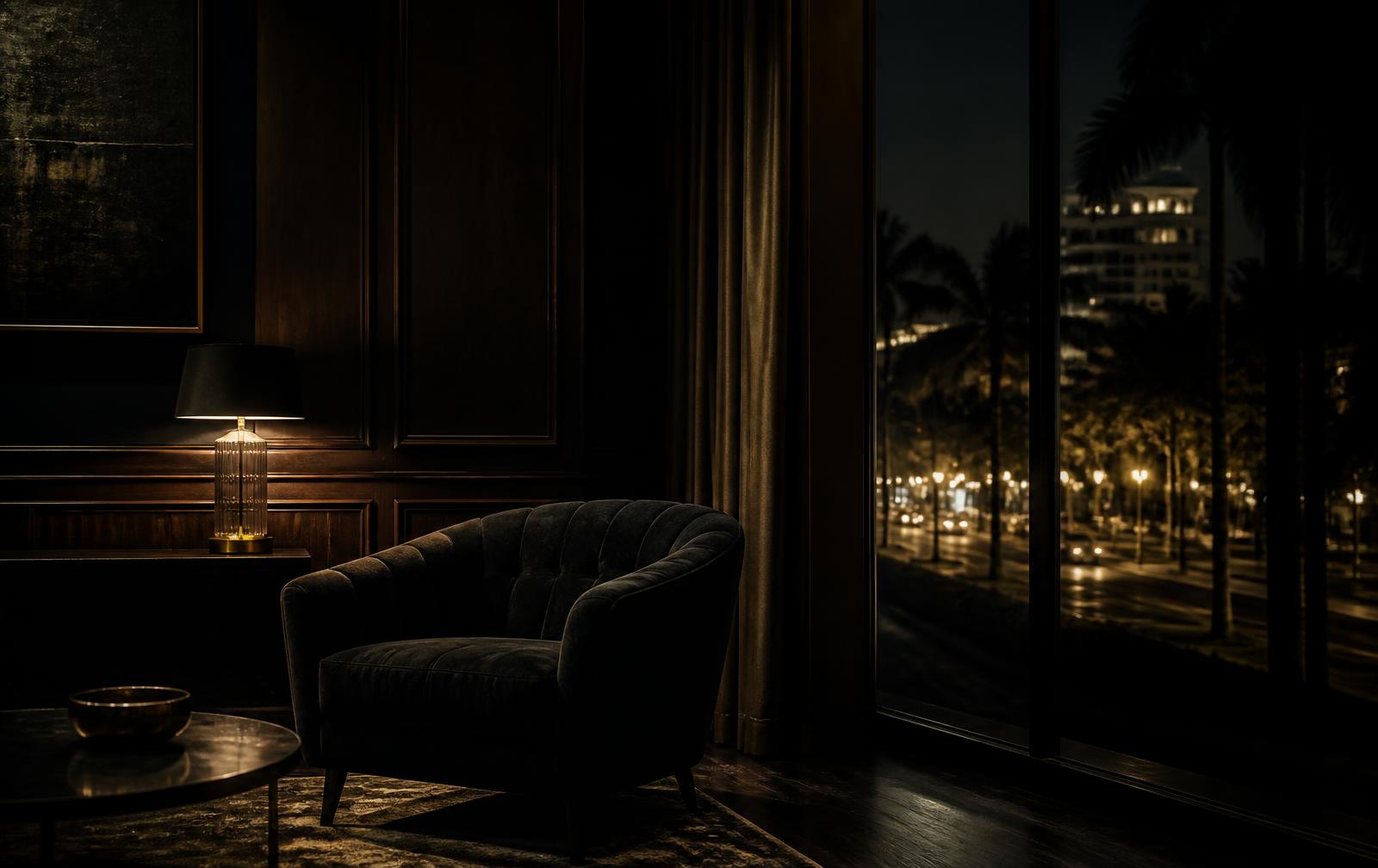 A dark wood-panelled hotel lounge lit by a single warm lamp, with a tall window looking onto a tree-lined boulevard at night