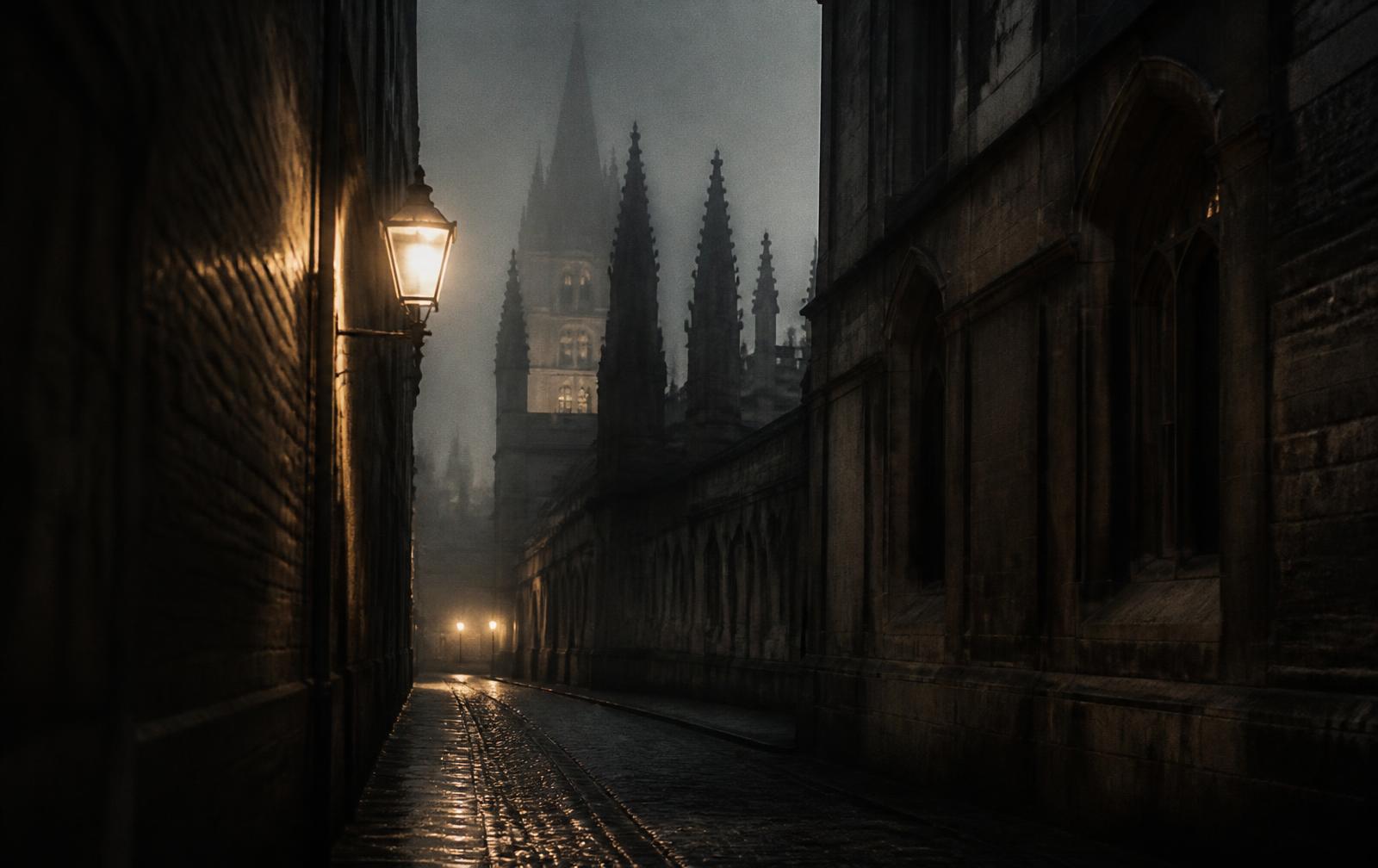 Narrow Oxford stone lane at night in fog with a single lantern and spires beyond