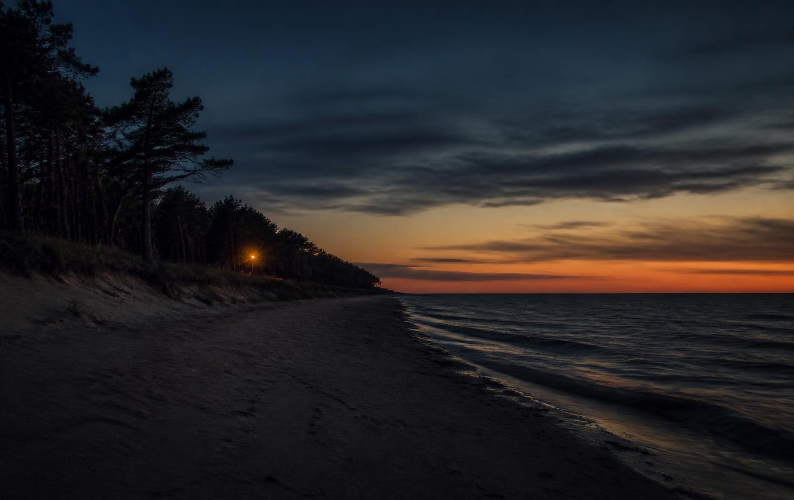Baltic Sea beach near Palanga at dusk, empty pale sand, dark calm water, pine trees along the dune line and a single distant lamp