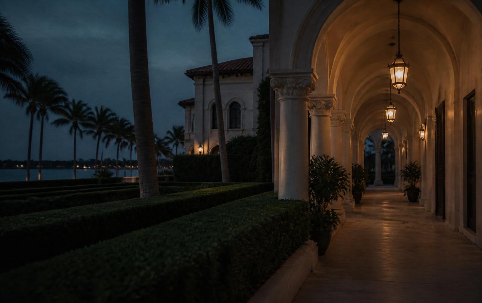 Quiet Palm Beach hotel terrace at dusk with palm silhouettes and soft interior light
