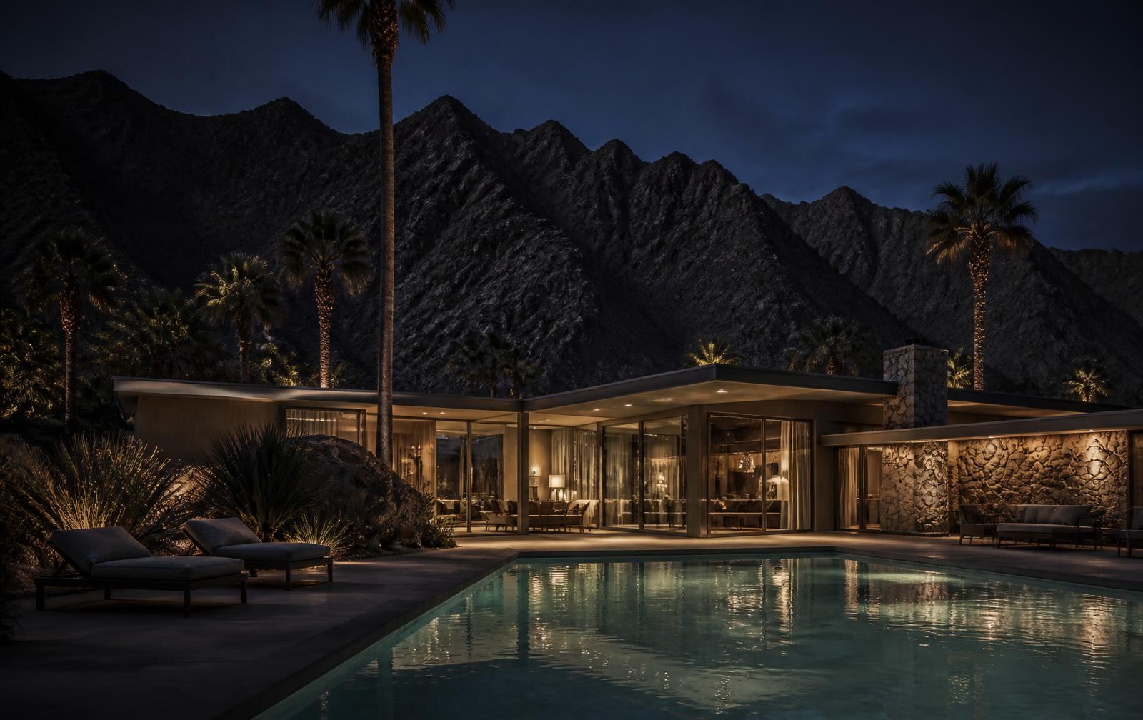 Palm Springs desert resort at dusk with warm light and mountains silhouetted in the background
