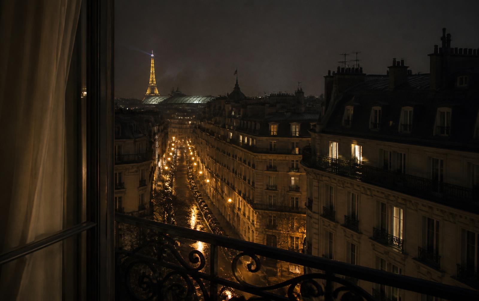 A candlelit Paris balcony at night looking over Haussmann rooftops and a lamplit boulevard