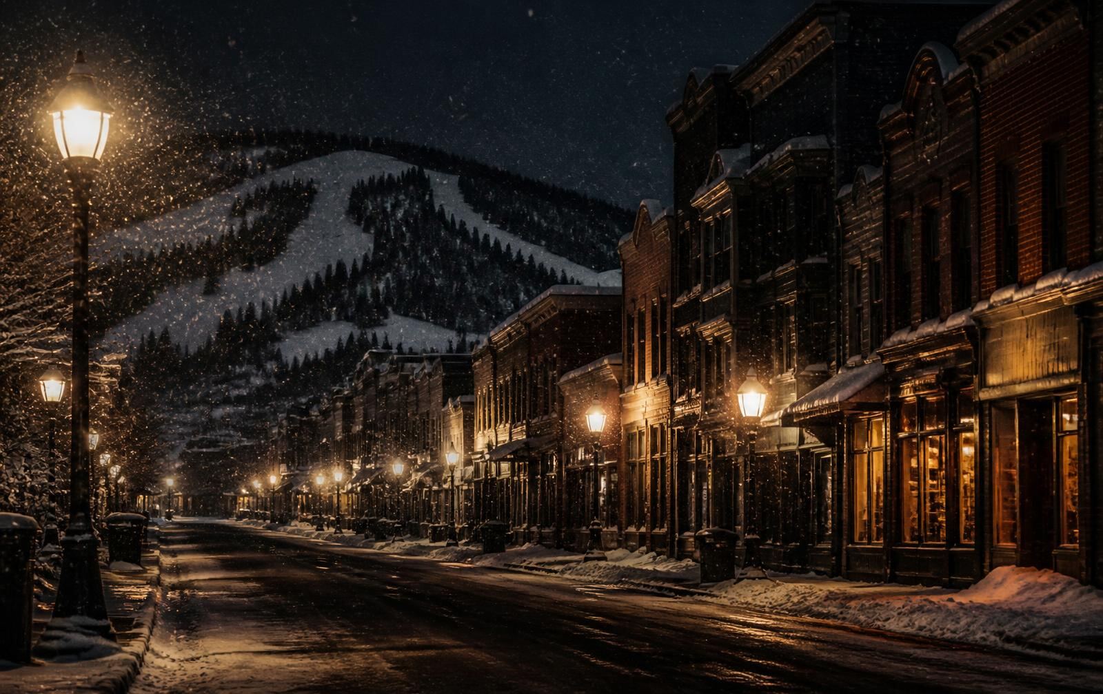 Historic Park City Main Street under falling snow at night with warm lamplight and the ski hill behind