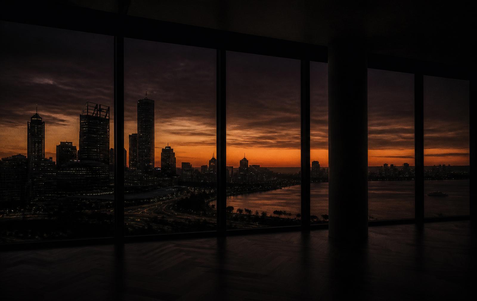 Perth's skyline and river at deep dusk with a burnt-orange horizon seen from an unlit modern interior