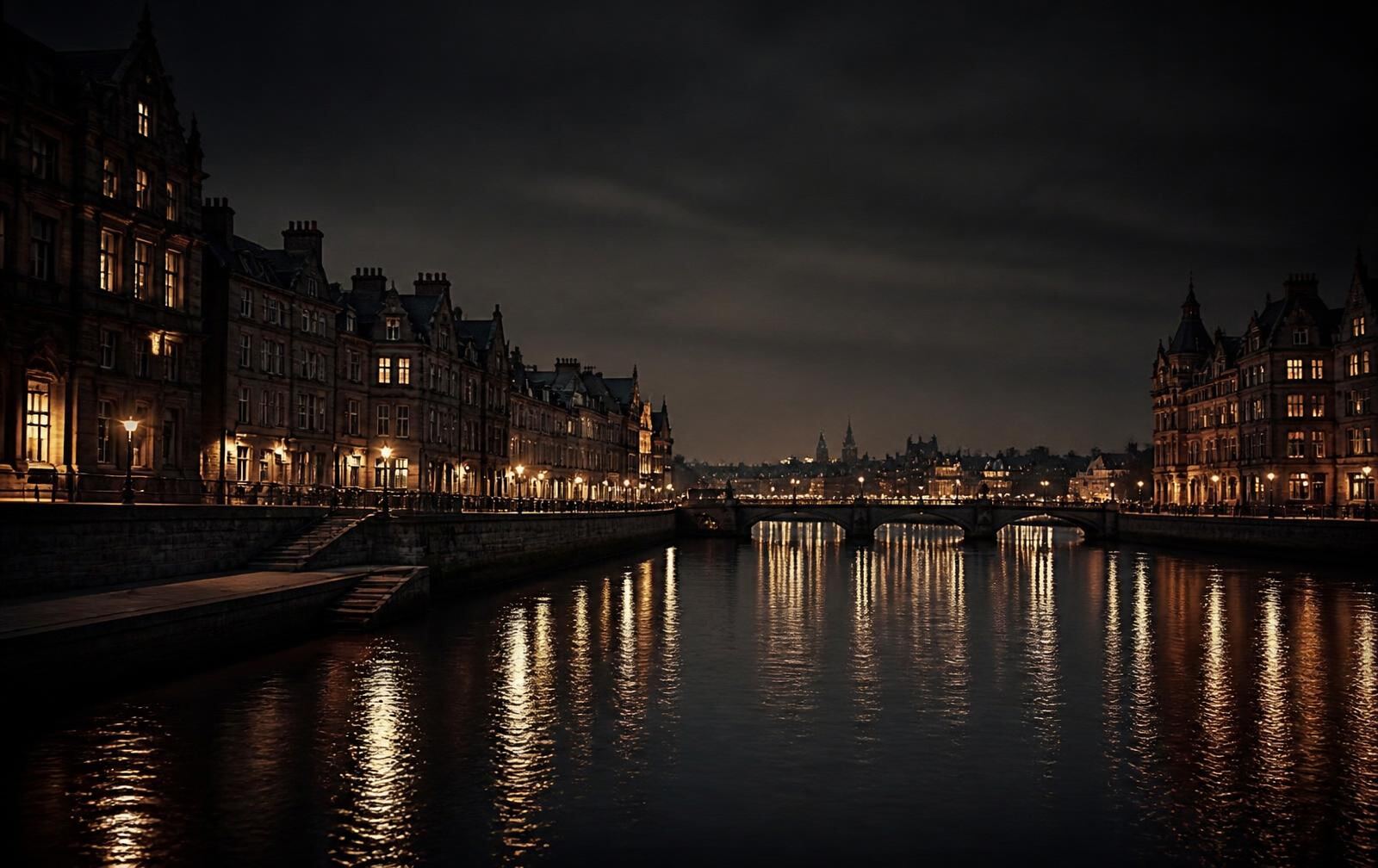 A dark granite river city at night with warm window light reflected on still water