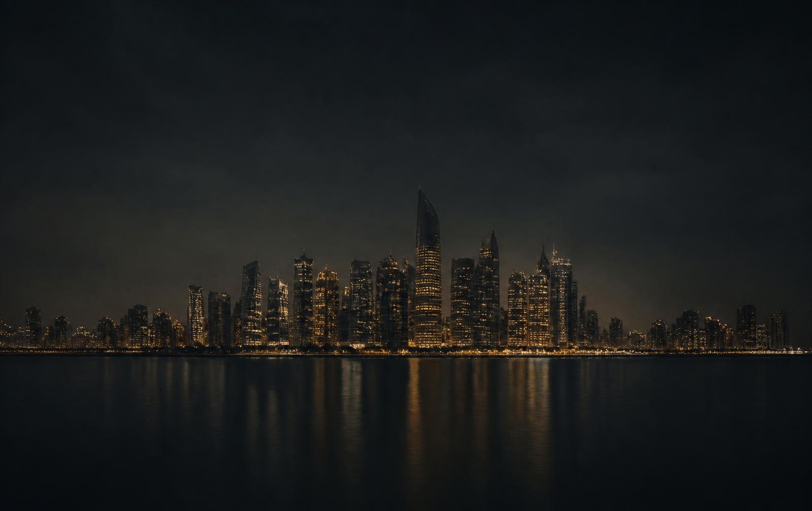 A dark Gulf skyline of glass towers at night seen across still black water, warm gold light along the shoreline