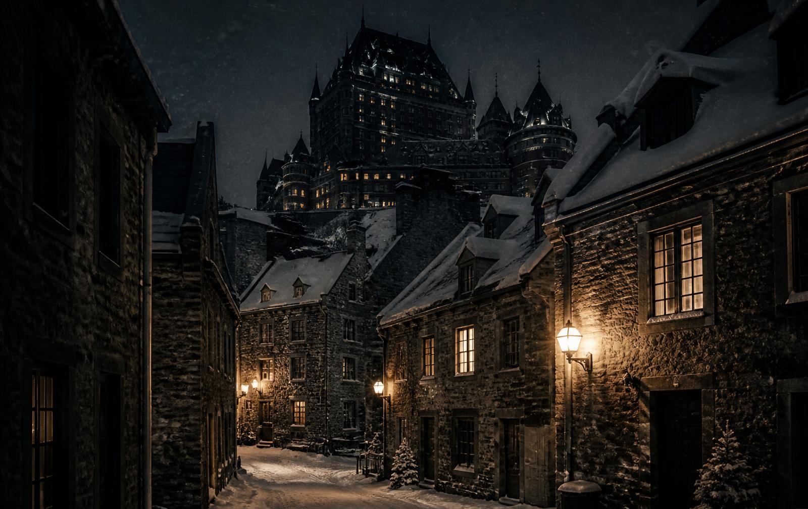 Snow falling on a narrow stone street in old Québec City at night with warm window light