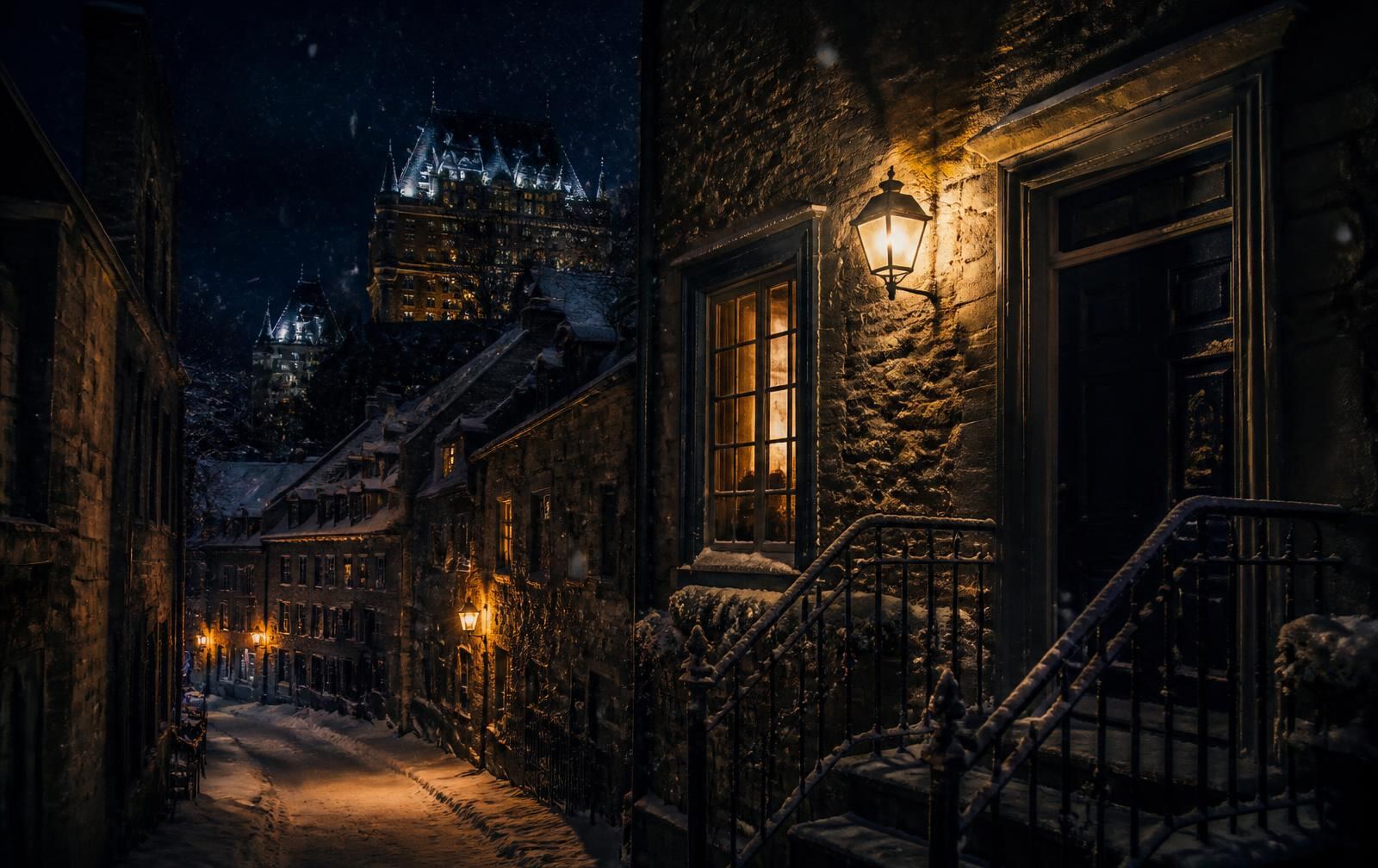 Old Quebec stone street under snow at night with warm lamplight and shuttered windows