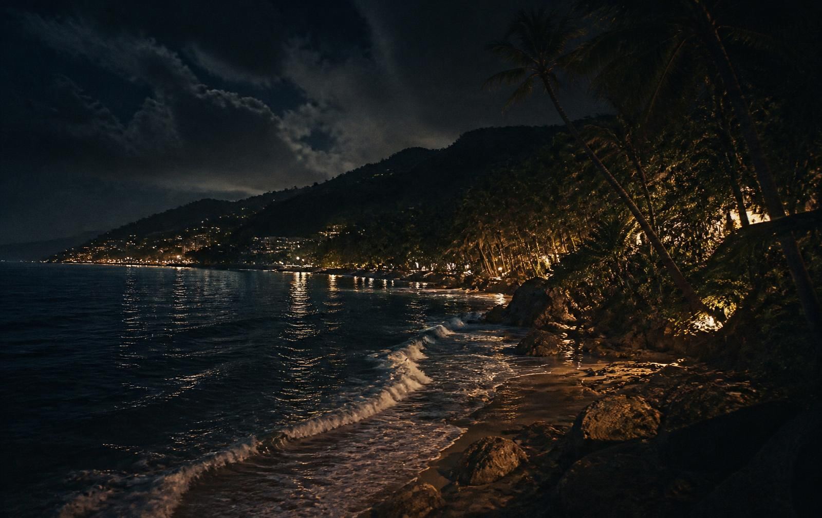 A warm subtropical coastline at night with dark ocean, palms and distant town lights
