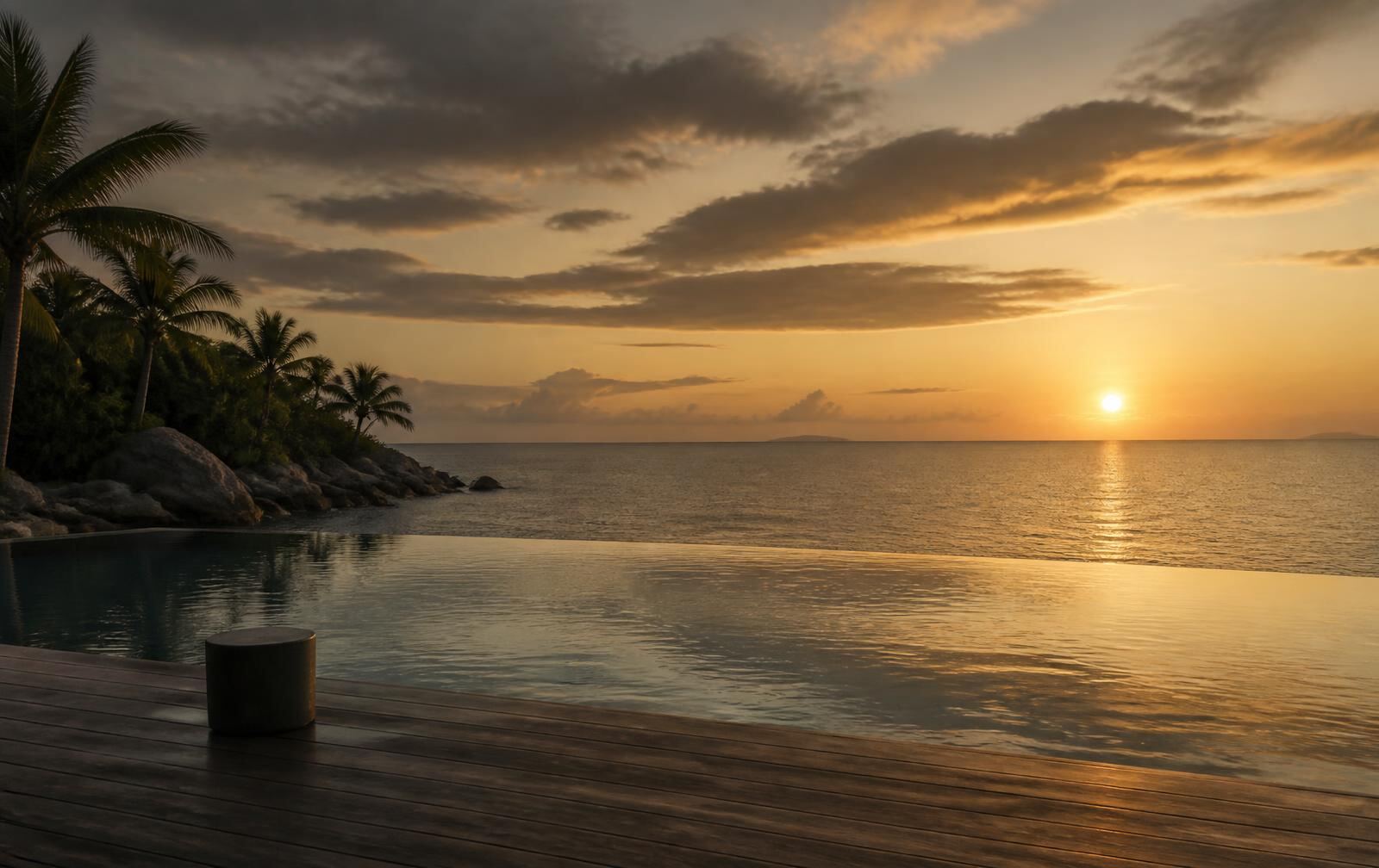 A quiet timber deck beside still water at sunset with an empty ocean horizon beyond