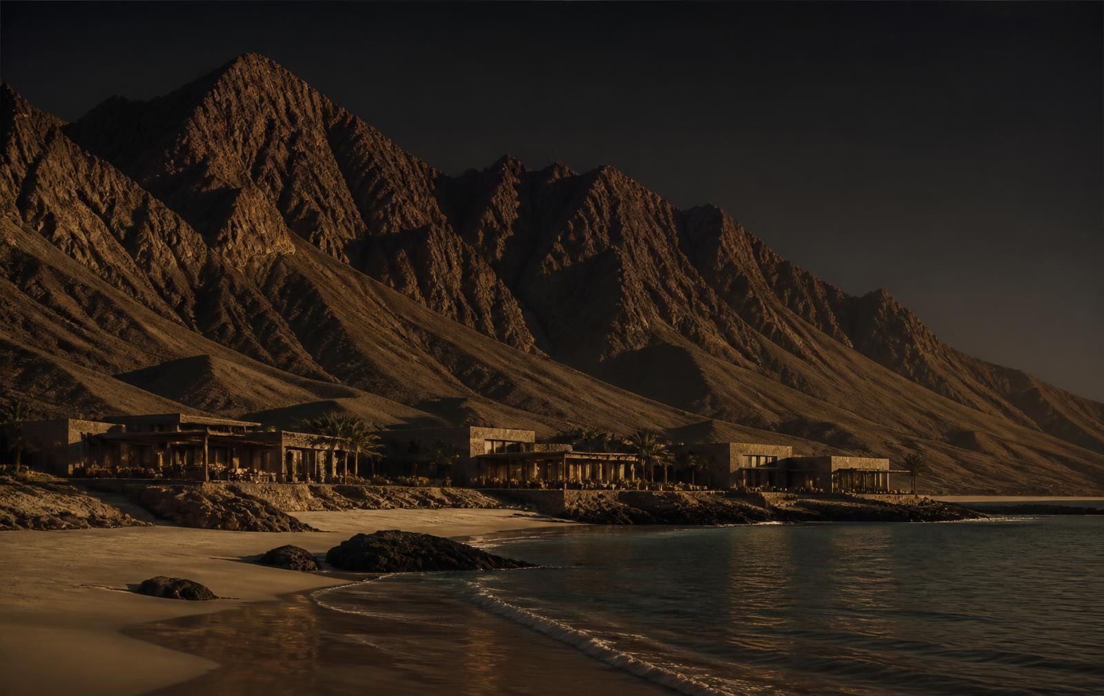 A rugged desert mountain range meeting a quiet coastline at dusk with a low resort silhouette in warm gold light