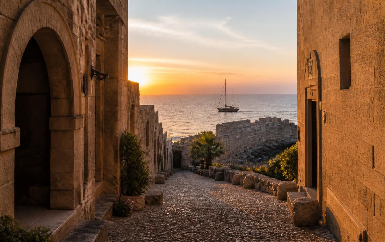 Historic stone architecture in Rhodes opening toward the Mediterranean at sunset