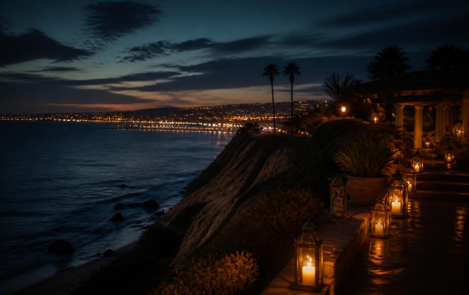 San Diego coastline at evening with warm light from a private terrace overlooking the Pacific
