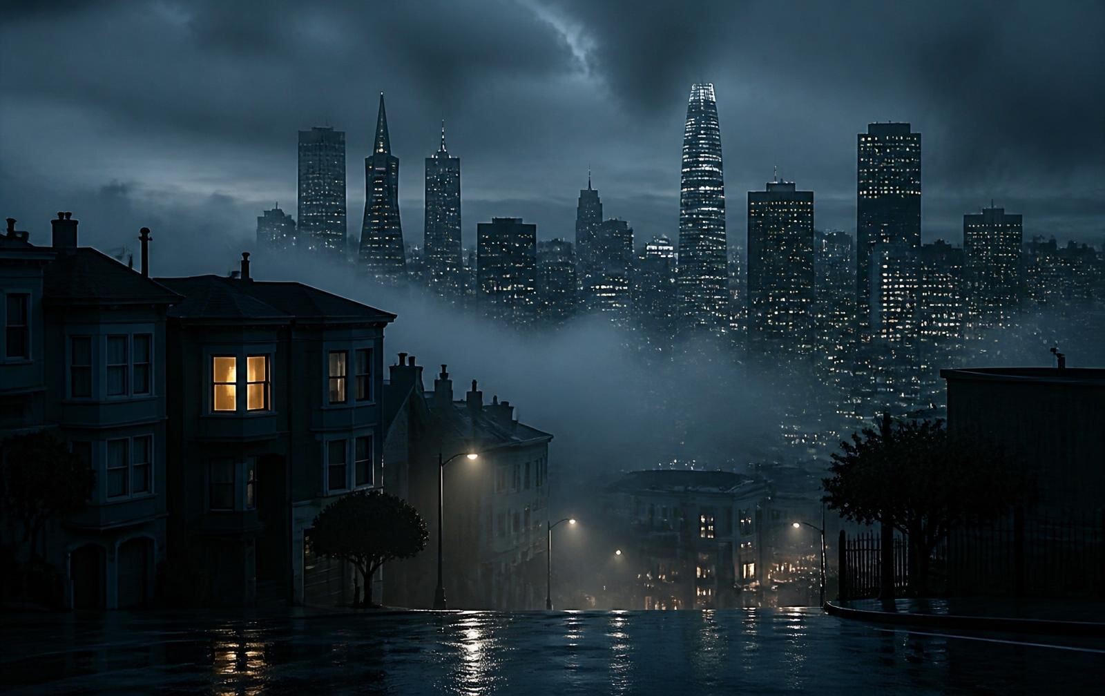San Francisco hillside street at dusk with fog rolling past warmly lit Victorian windows