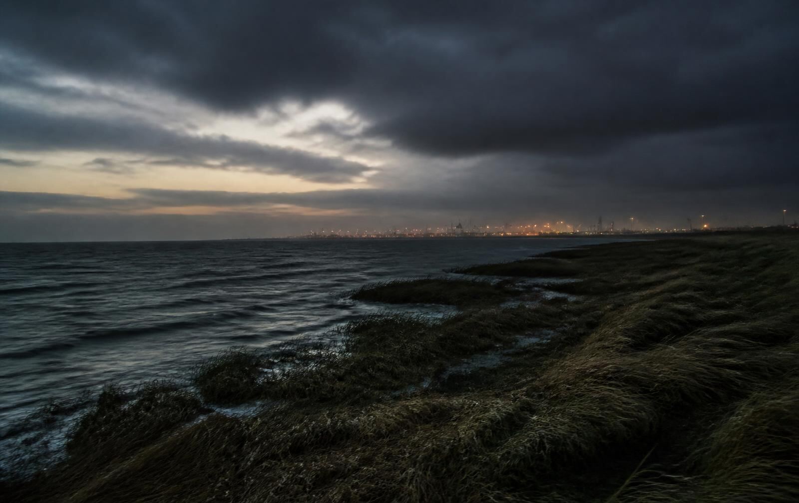 A windswept North Sea coastline at dusk with grey water, marsh grass and distant harbour lights