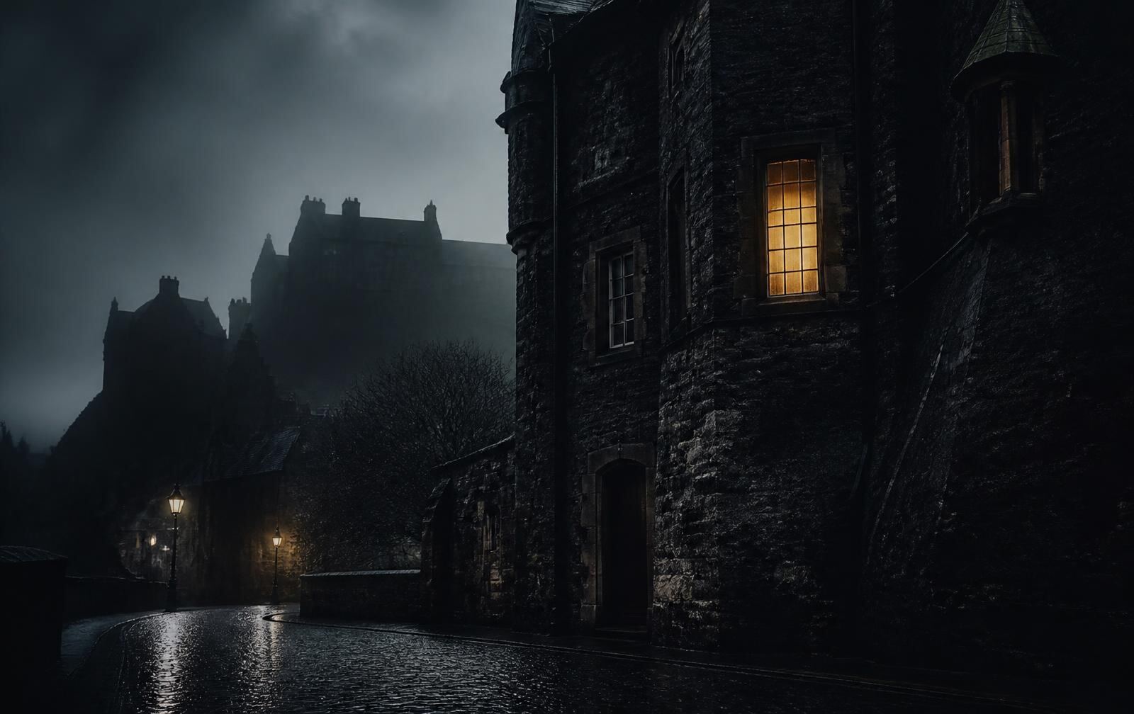 Dark Scottish stone building at night in mist with one warm lit window above wet cobbles
