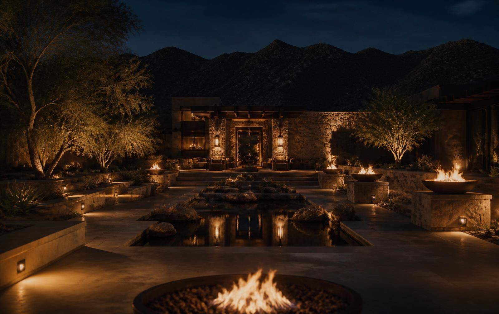Warmly lit Scottsdale resort courtyard against a desert mountain silhouette at dusk