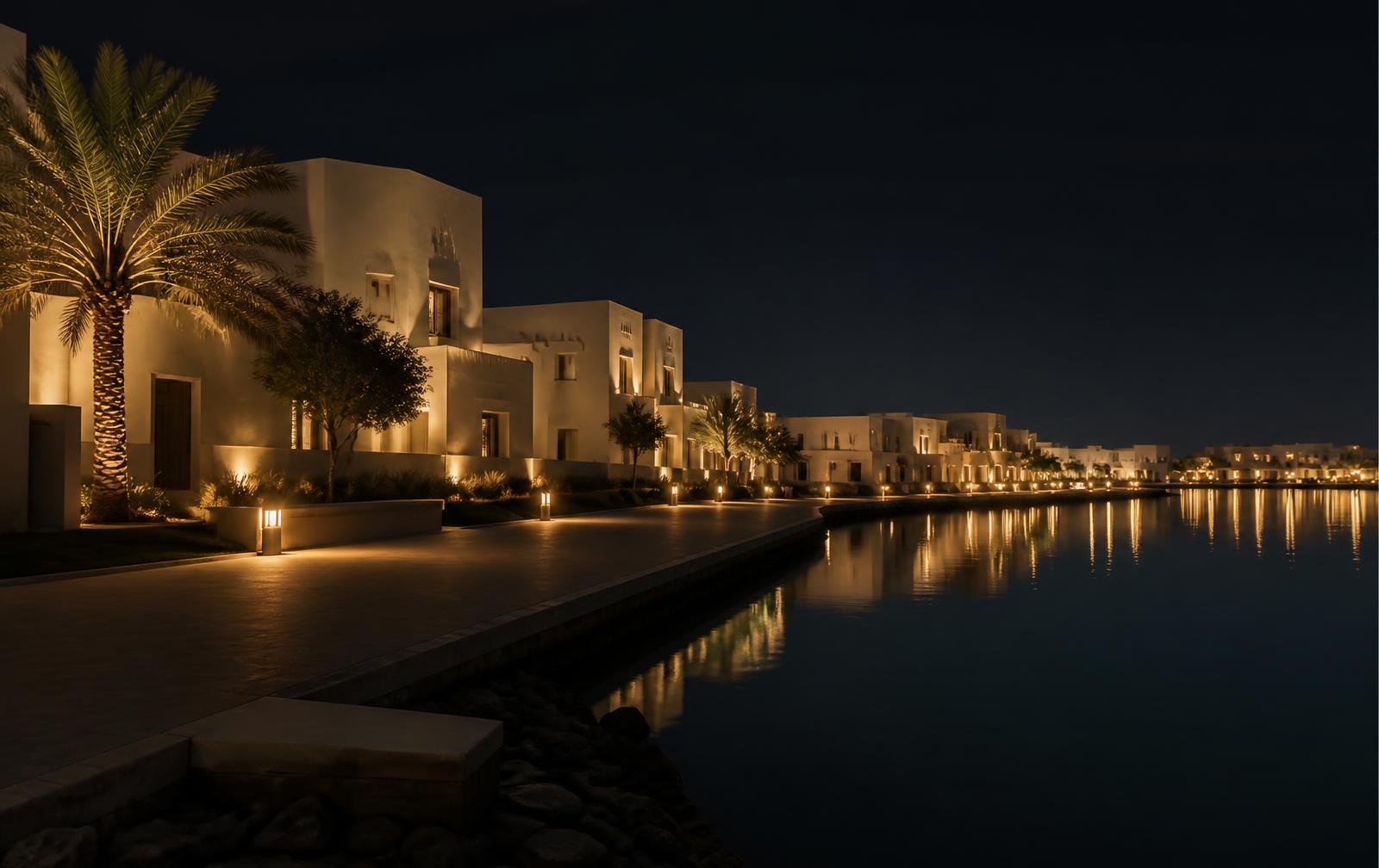 A calm Gulf lagoon waterfront at night with simple ivory architecture and gold lamplight on still water