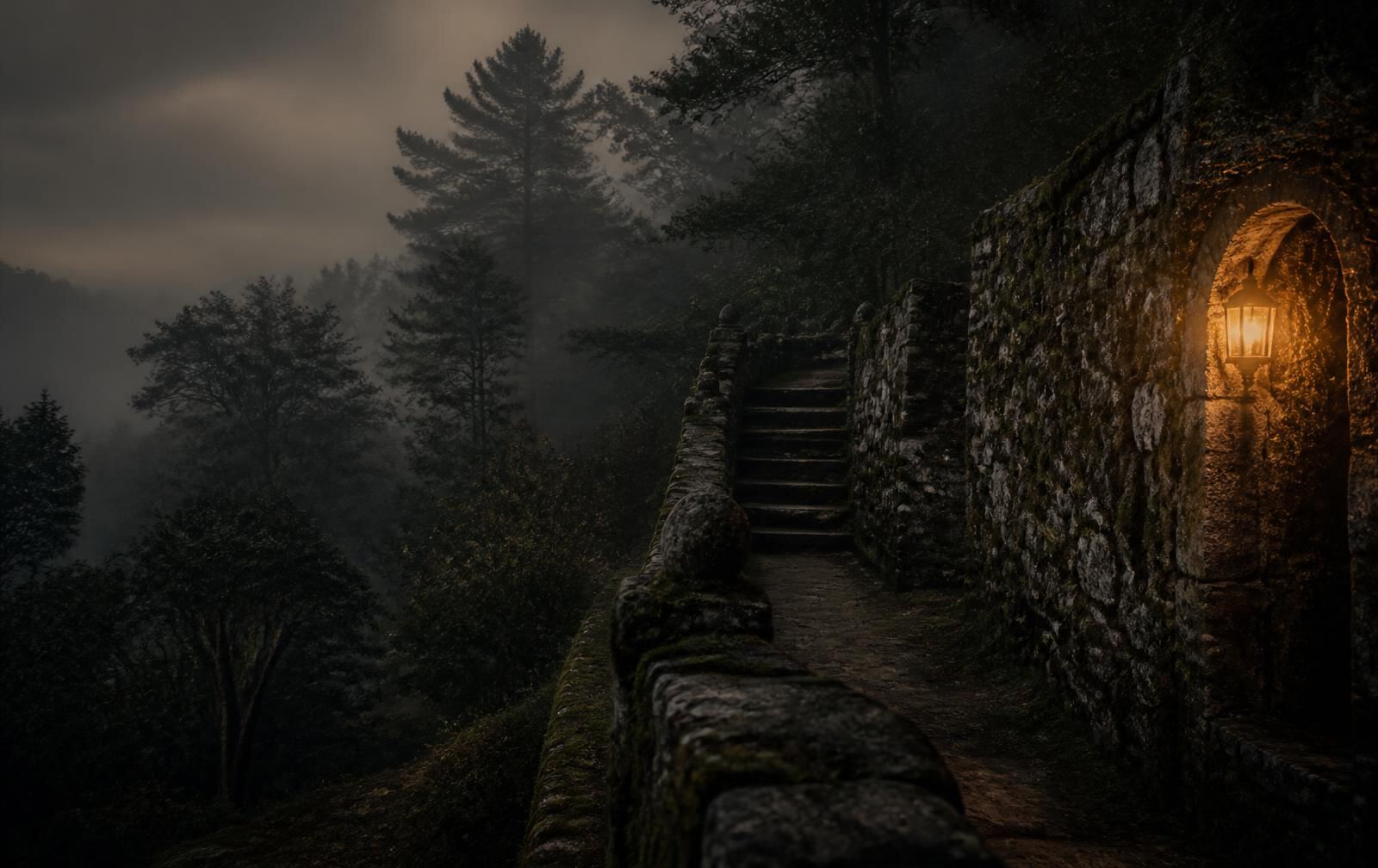 A misty forested hillside at dusk with old moss-covered stone walls and a single warm lantern