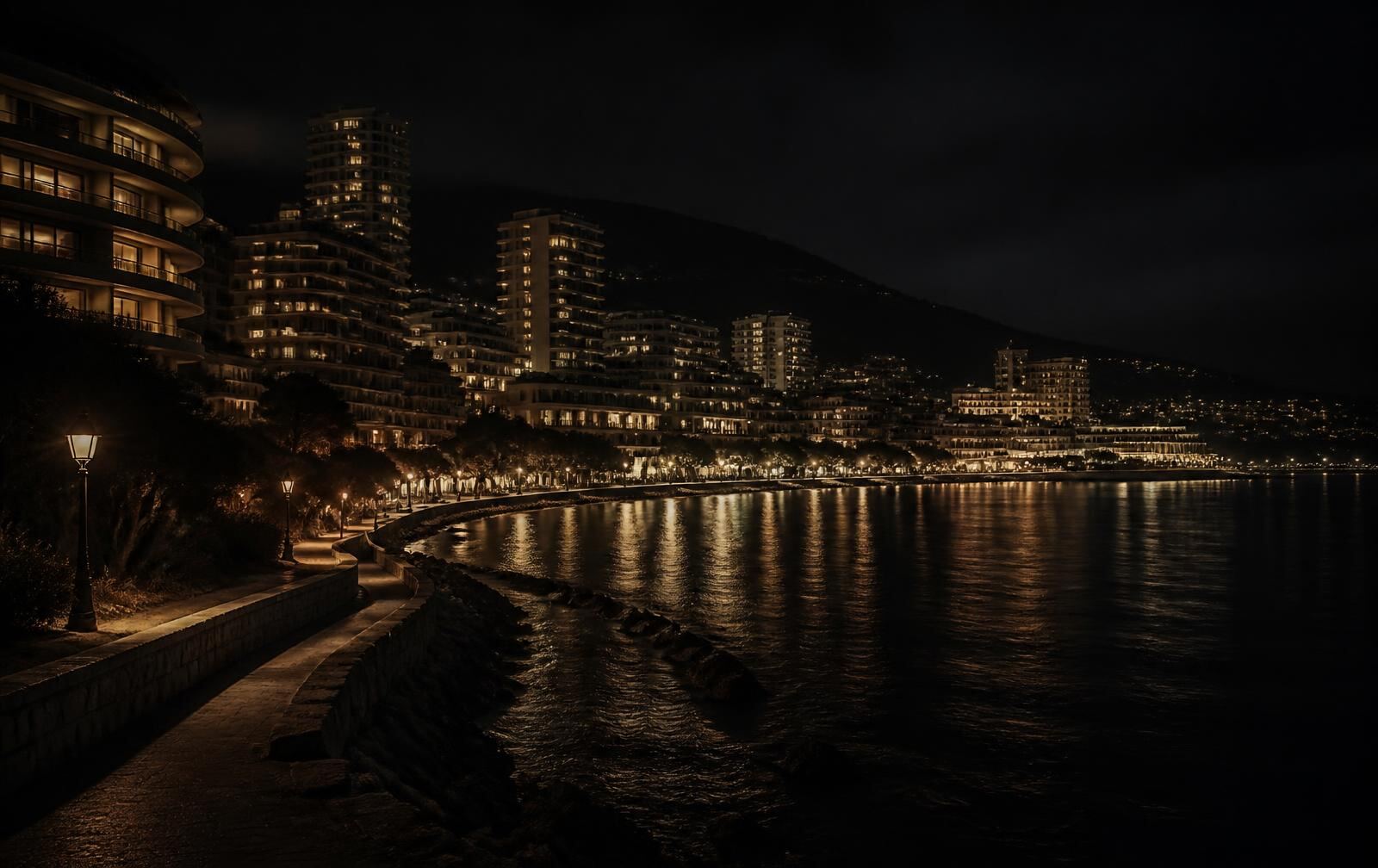 A modern Mediterranean seafront at night with a curved bay, lit apartment and hotel windows and reflections on calm dark water
