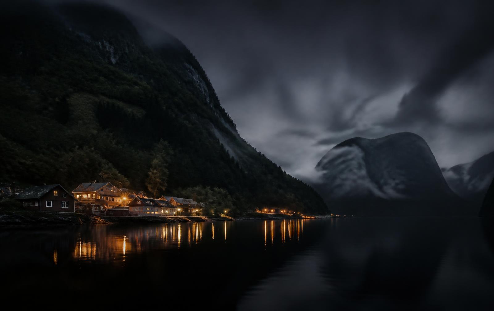 A Norwegian fjord village at night, a few wooden buildings with warm gold windows below steep forested mountains, reflections on still black water