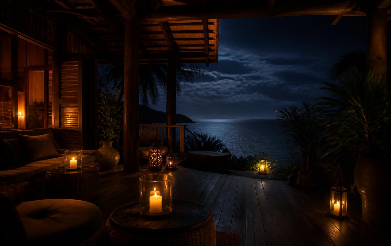 A candlelit timber terrace of a tropical villa looking out over dark night ocean