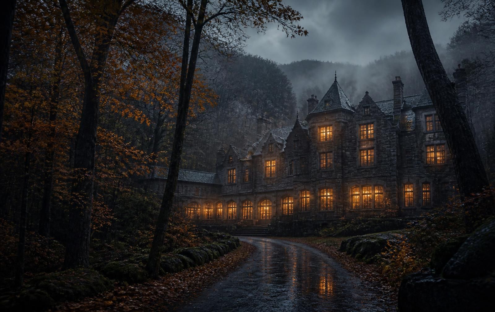 Rain in an autumn Ardennes forest at dusk with a solitary stone country hotel glowing warmly through misted trees