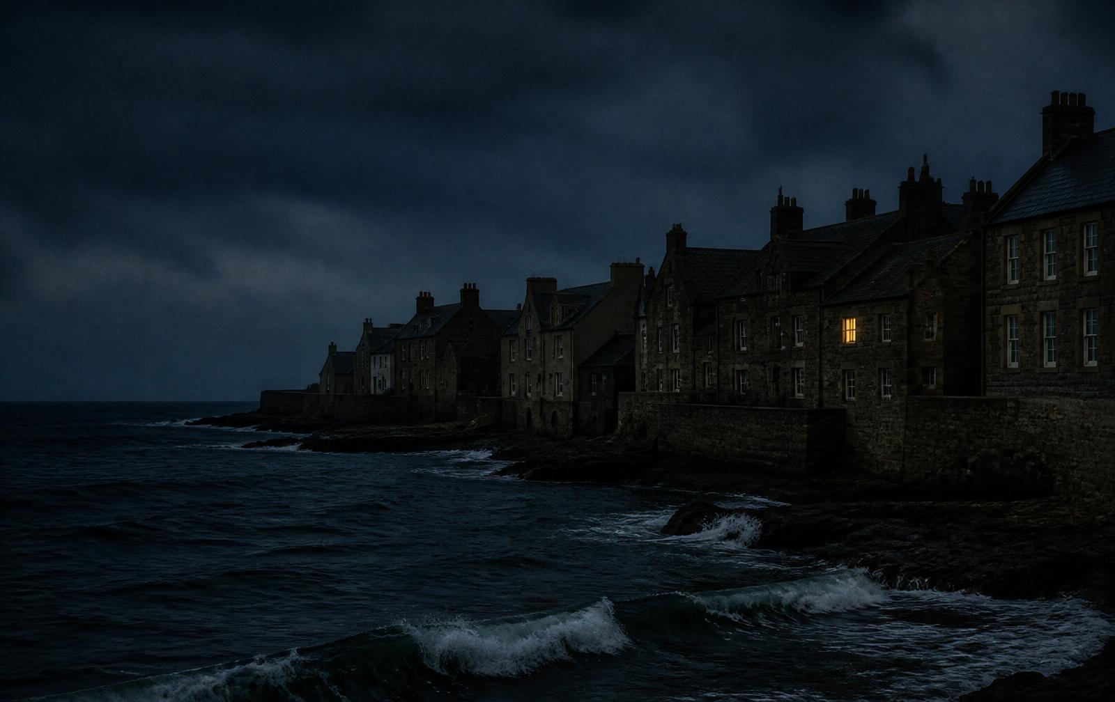 Grey stone Scottish coastal houses at night above dark North Sea waves with one lit window