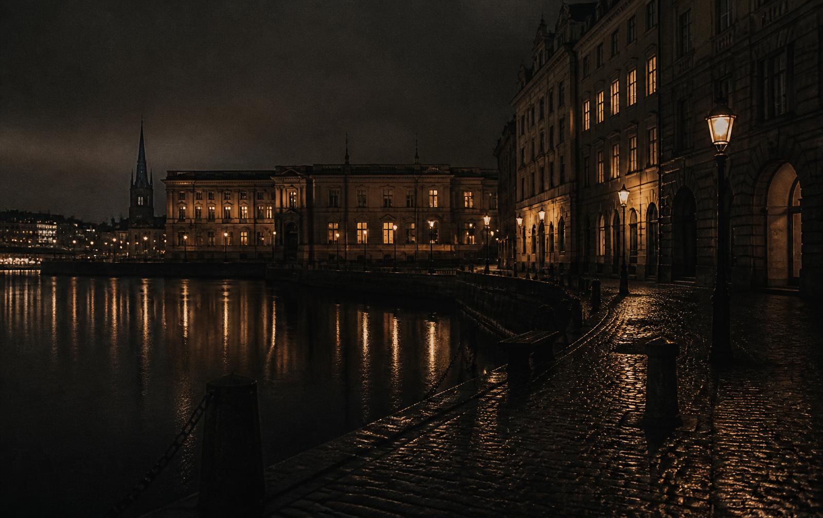 A Stockholm waterfront at night, stone facades with warm amber windows above still dark water and a wet cobbled quay