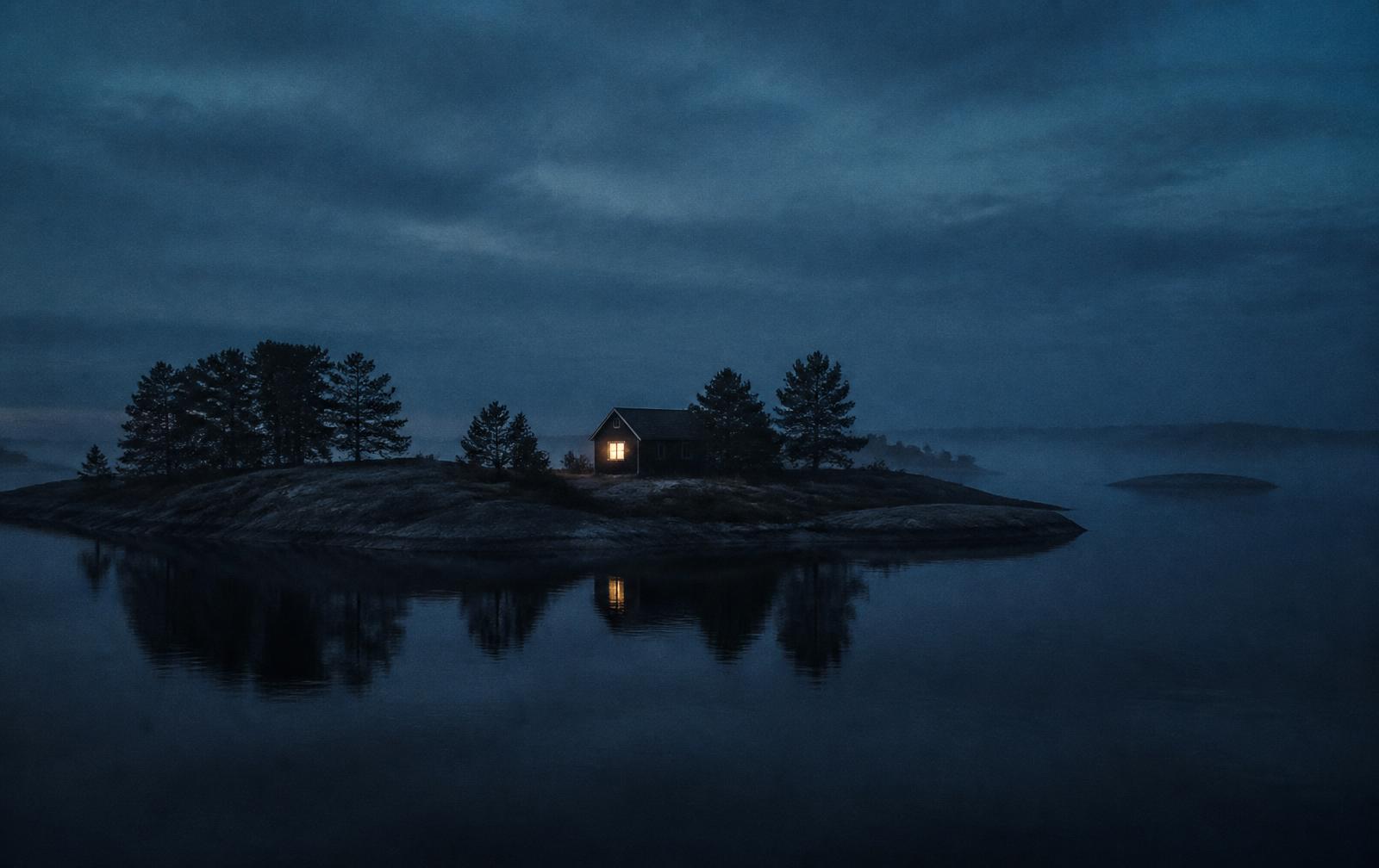 A Baltic archipelago island at blue hour, granite shore and pines silhouetted on still dark water with one small house showing a warm lit window
