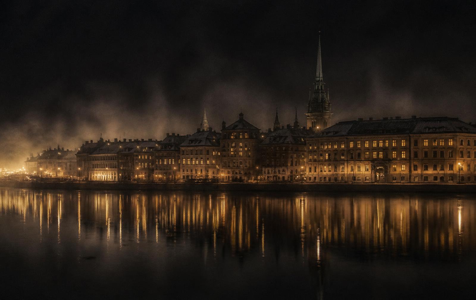 A Swedish waterfront at night, stone buildings with warm gold windows above still dark water beneath a deep charcoal sky