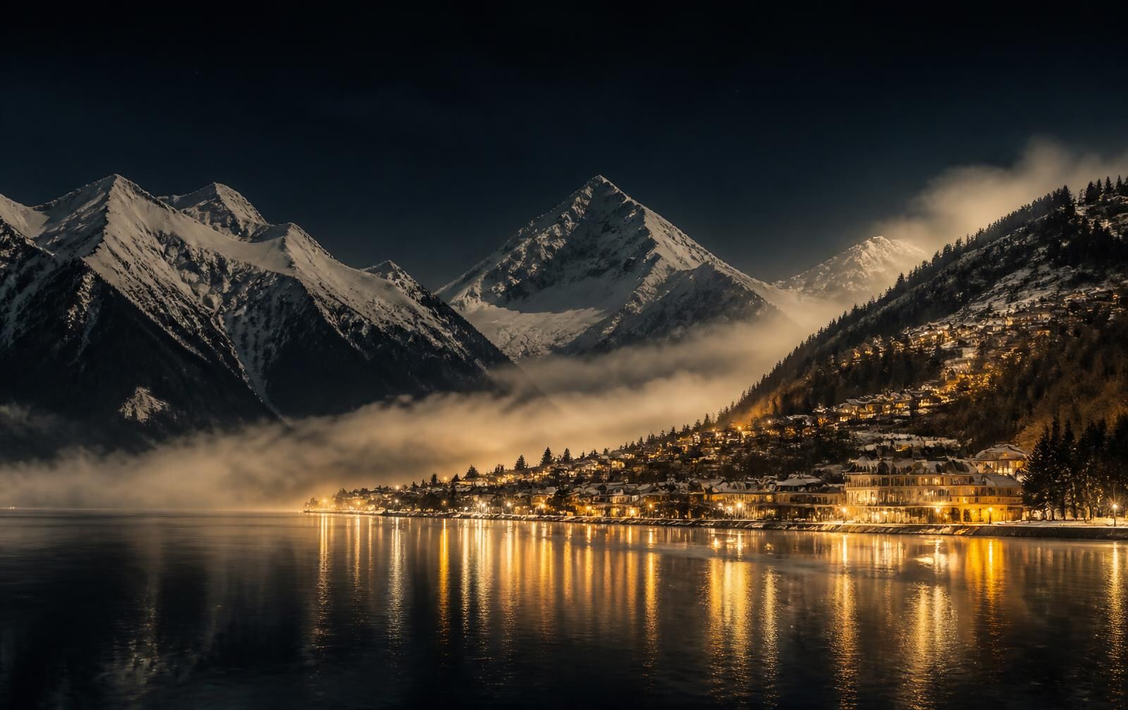 A Swiss alpine lake at night with snow peaks and the warm gold lights of a lakeside town on dark water